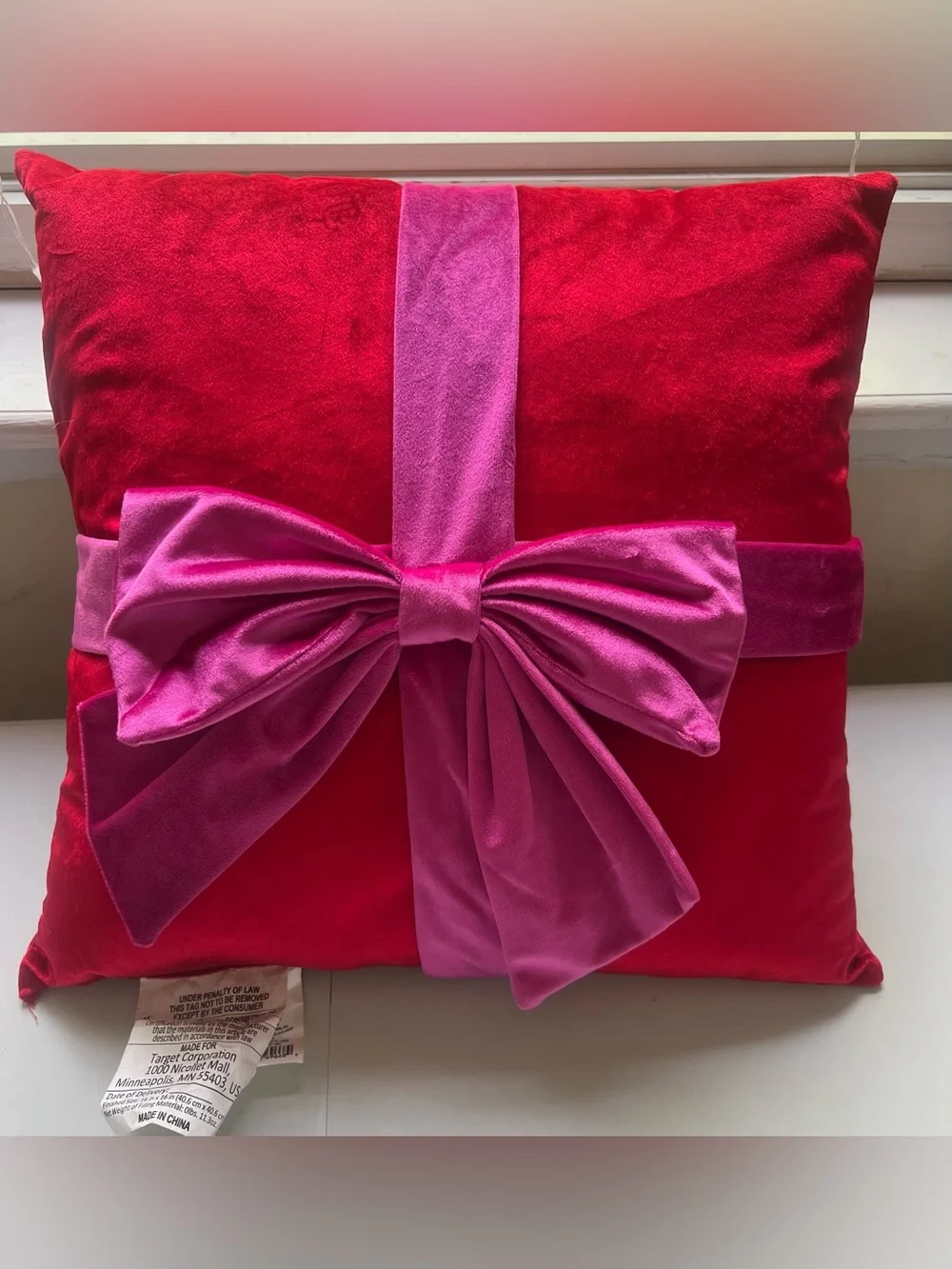 NWOT—16-Inch Christmas Red Square Pillow with Hot Pink Bow from Wondershop